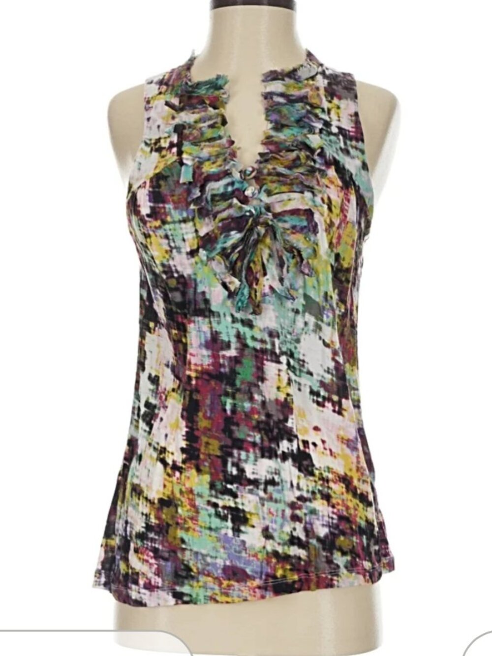 One September Abstract Multi-Color Ruffle Tank Top Women’s S